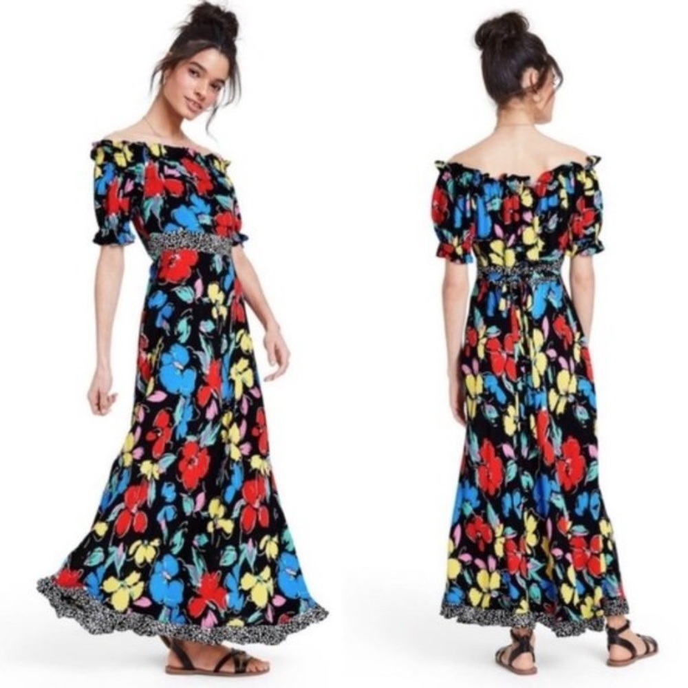 Rixo Target Floral Off Shoulder Puff Sleeve Dress Black Multicolor